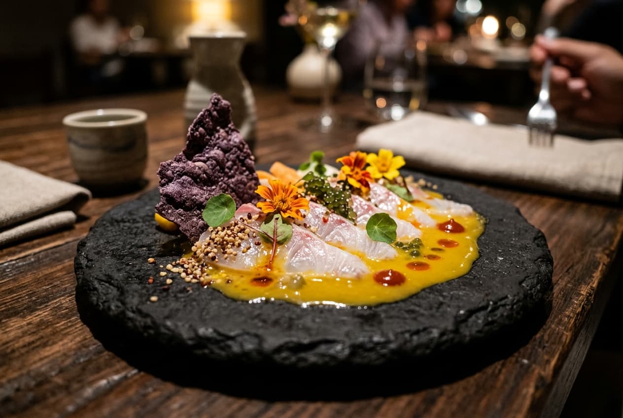 Artistic fine dining Peruvian dish featuring fresh Pacific fish tiradito with yellow aji amarillo reduction on black volcanic stone