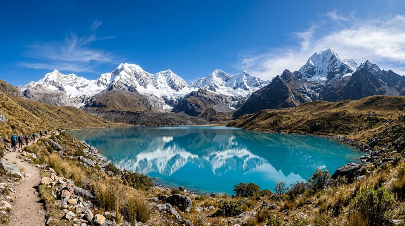 Snow-capped glacier peaks of the Cordillera Blanca reflecting in a turquoise alpine lake near Huaraz, Peru