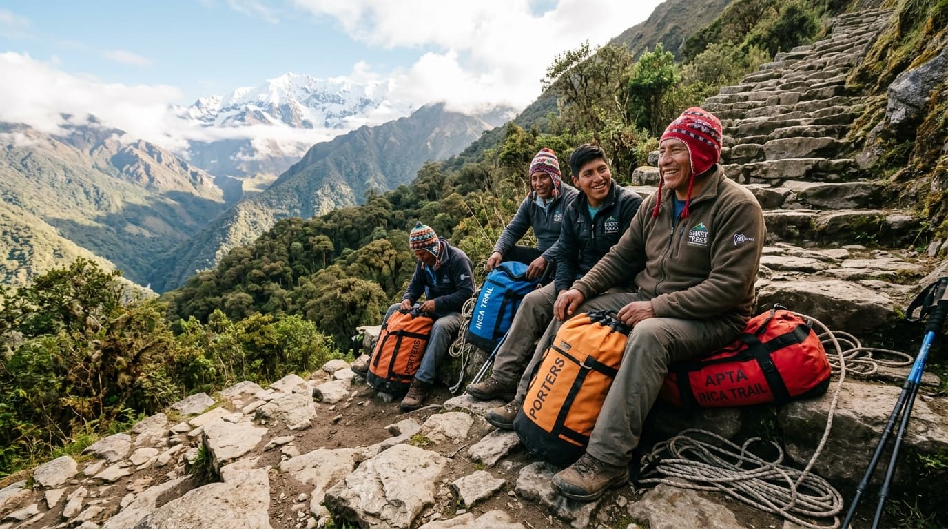Quechua mountain porters taking a rest on the historic stone steps of the Inca Trail in Peru