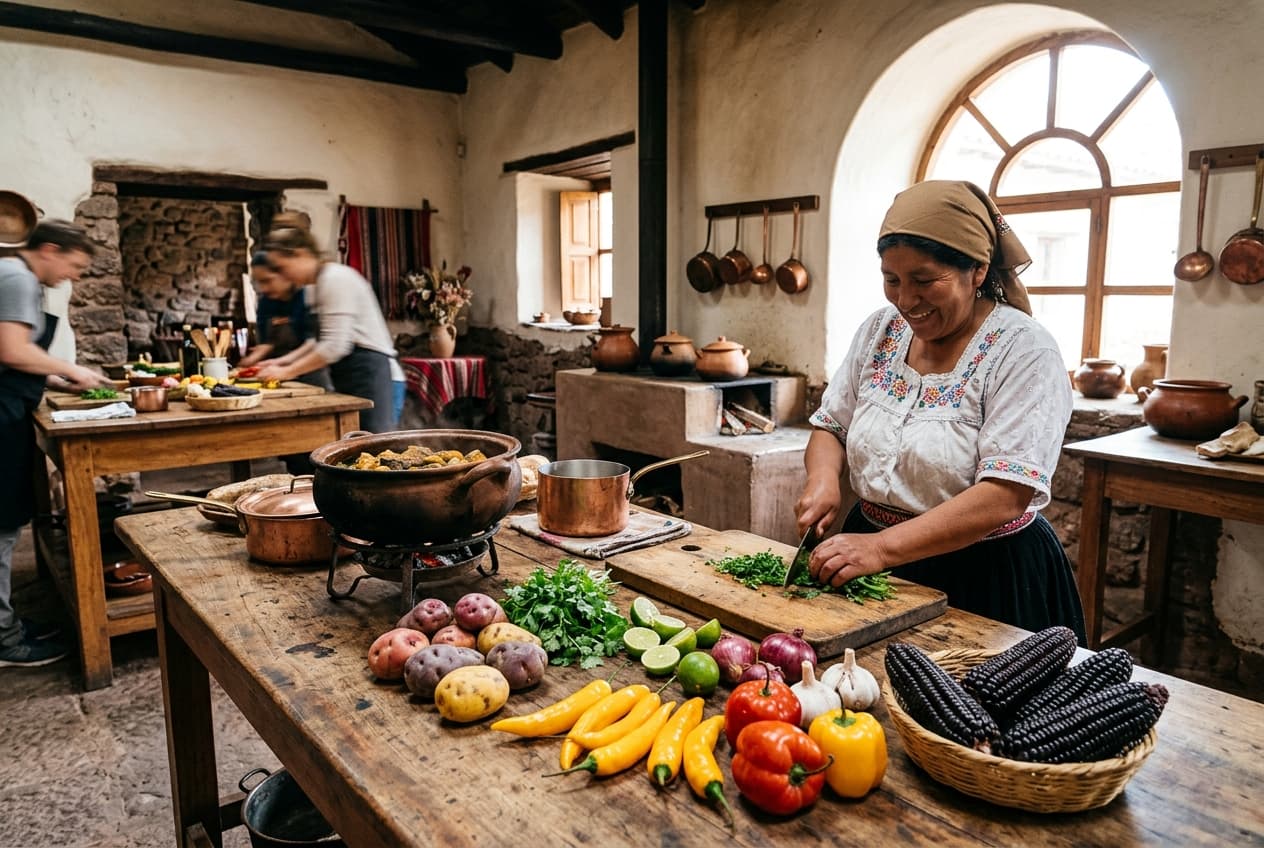 Artisanal cooking class in Cusco Peru with native potatoes, aji amarillo peppers, purple corn and traditional copper cookware