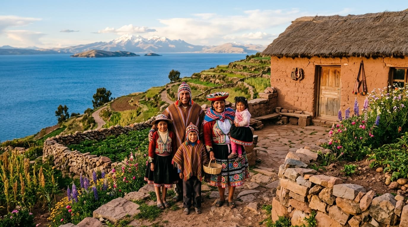 Indigenous Quechua host family in traditional colorful attire outside their adobe home on Amantaní Island overlooking Lake Titicaca Peru