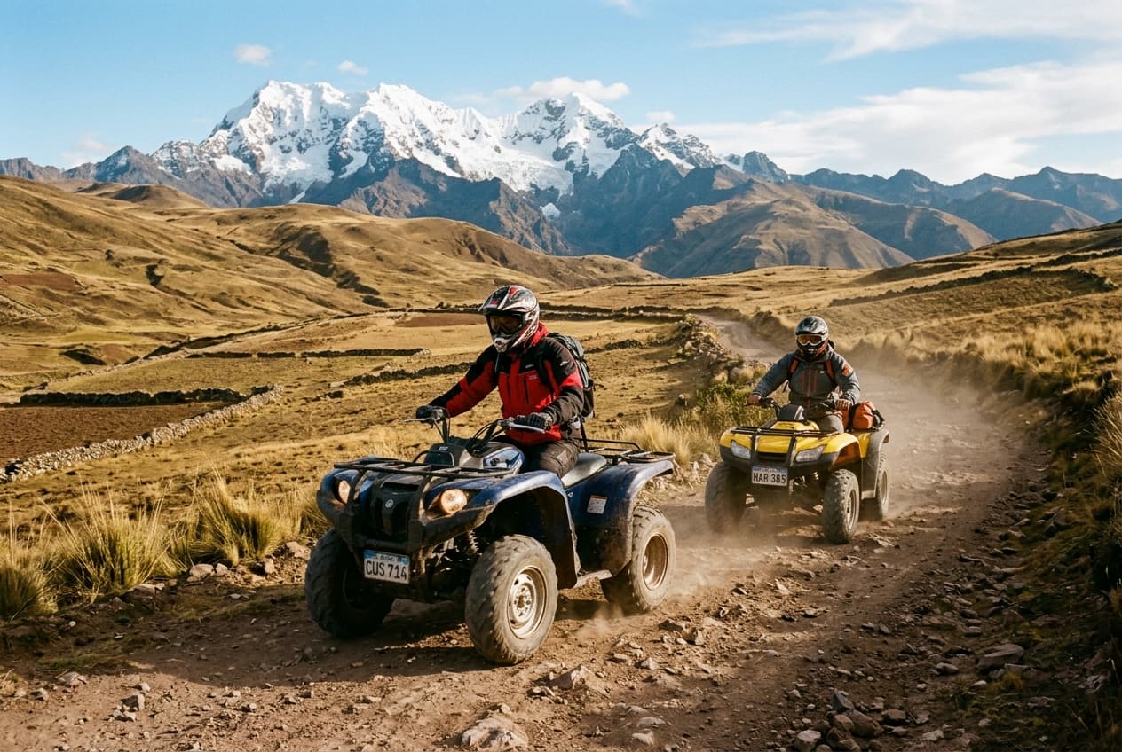 Maras, Moray & Salineras by ATV Quad Bikes | Daspe Travel Travelers riding all-terrain quad bikes on the mountain trail of Maras Moray against snowcapped Andean peaks