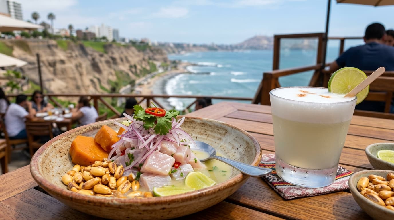 Lima Gourmet Food Tour & Ceviche Masterclass | Daspe Travel Artisanal Peruvian ceviche and frothy Pisco Sour overlooking the Pacific Ocean cliffs in Lima