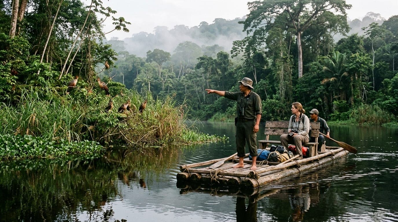 Manu National Park 3-Day Rainforest Tour | Lake Machuwasi & Clay Lick Naturalist guide and travelers on a wooden balsa raft navigating tranquil Lake Machuwasi in Manu National Park, Peru