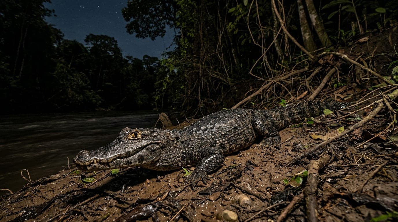 Manu Rainforest & Lake Machuwasi Discovery (3 Days / 2 Nights) - View 2 | Daspe Travel Nocturnal riverbank safari in Manu spotting wild black caimans resting along muddy riverbanks