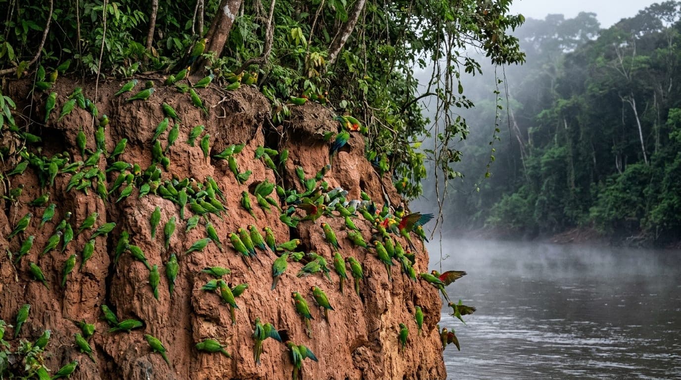 Manu Rainforest & Lake Machuwasi Discovery (3 Days / 2 Nights) - View 1 | Daspe Travel Flock of wild parrots and parakeets feeding at morning mineral clay lick along Alto Madre de Dios River