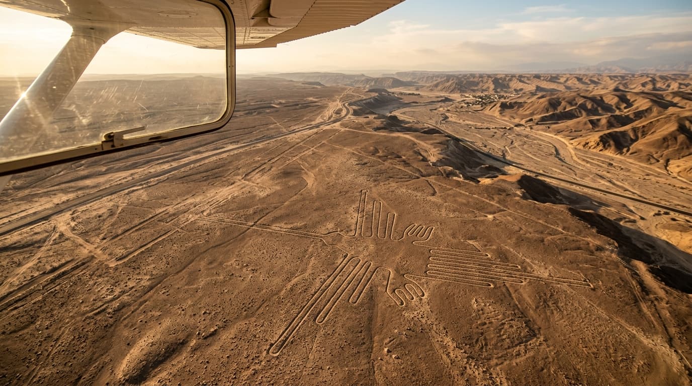 Nazca Lines Flight, Paracas & Huacachina Oasis 2D/1N | Daspe Travel Aerial view of the ancient Hummingbird geoglyph of the Nazca Lines in the arid desert of southern Peru