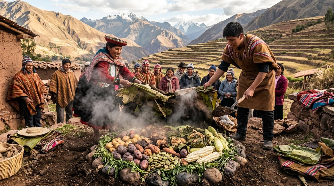 Sacred Valley Pachamanca & Moray Farm-to-Table Experience | Daspe Travel Steaming Pachamanca Andean earth oven feast with native potatoes, herbs, and Sacred Valley mountain backdrop
